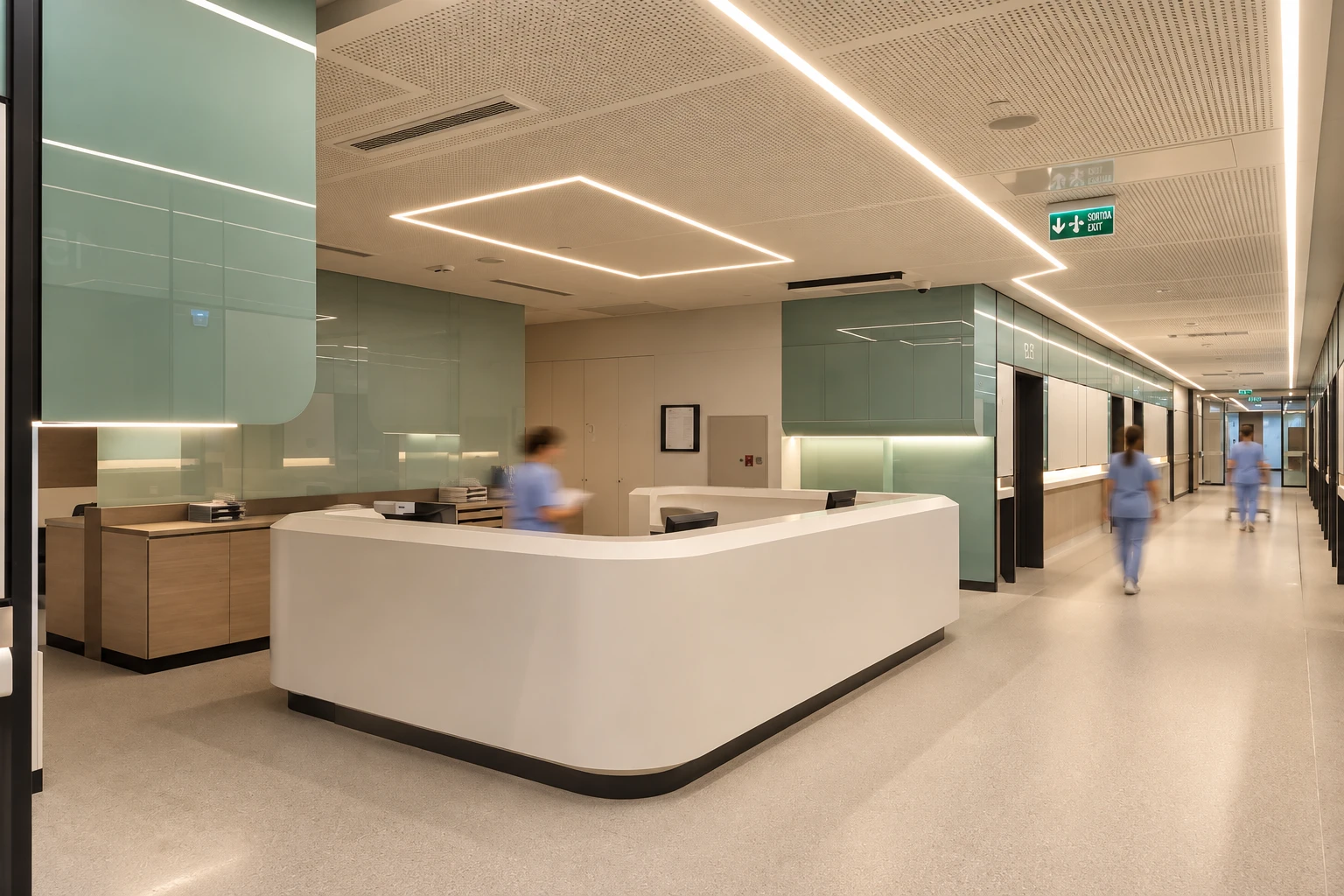Recepció i passadís d’una planta hospitalària amb il·luminació NeumaCare
