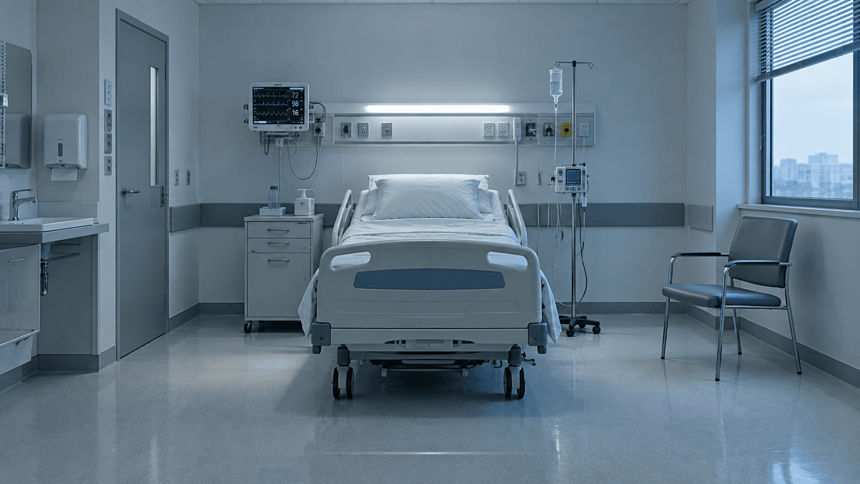 Empty hospital room with monitoring equipment beside a patient bed